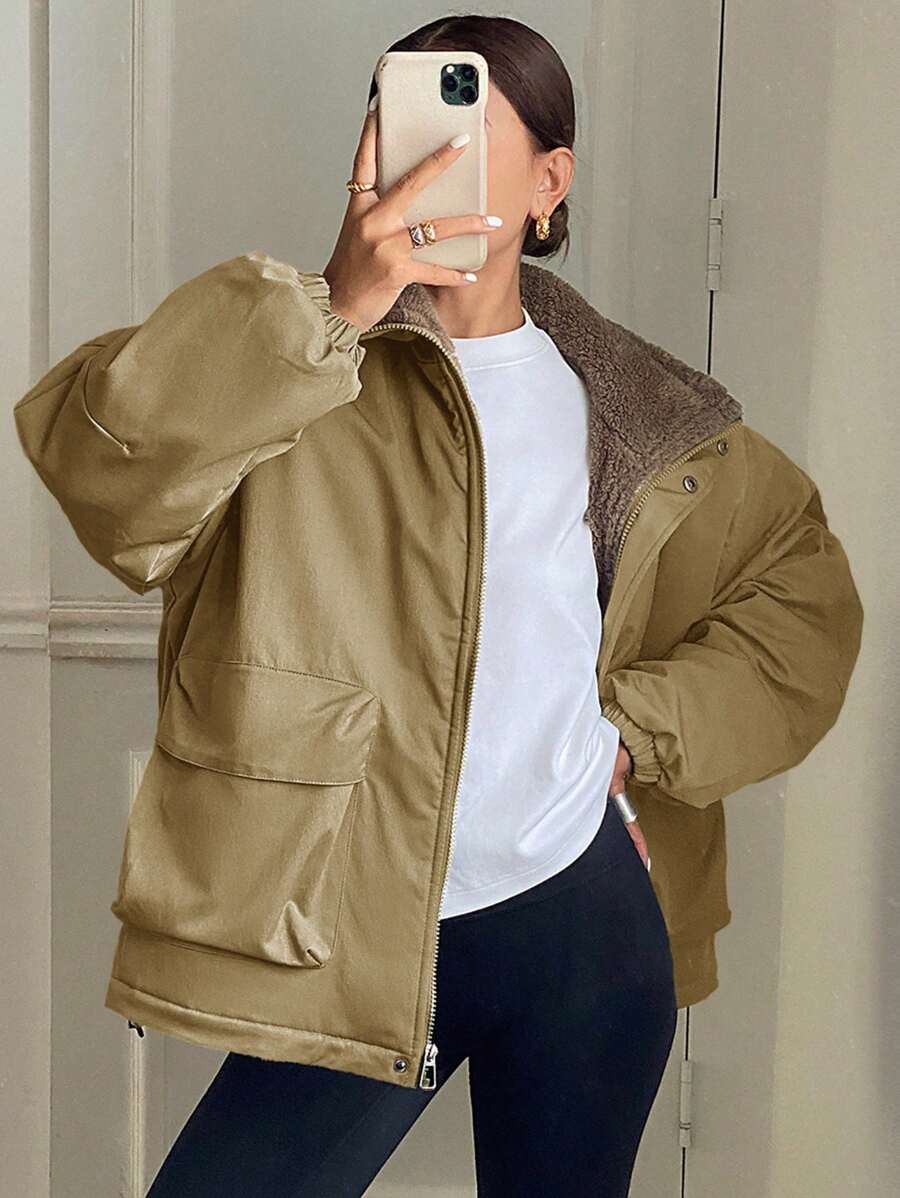 DAZY 1pc Women Solid Color Loose Fit Long Sleeve Pocket Fleece Casual Jacket, Winter Women Clothes, Winter Coat Women