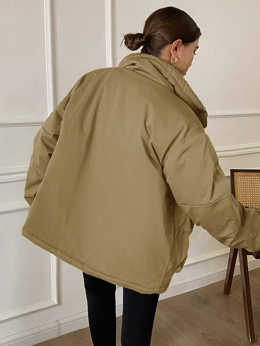 DAZY Solid Color Loose Long Sleeve Pocketed Fleece Women's Padded Coat, Ladies Winter Casual Drawstring, Pocket, Zipper Drop Shoulder Collar Loose Green Plain Women Padded Coats, Winter Warmth/ Winter Fashion ,Winter Women Clothes,Winter Coat Women Jacke
