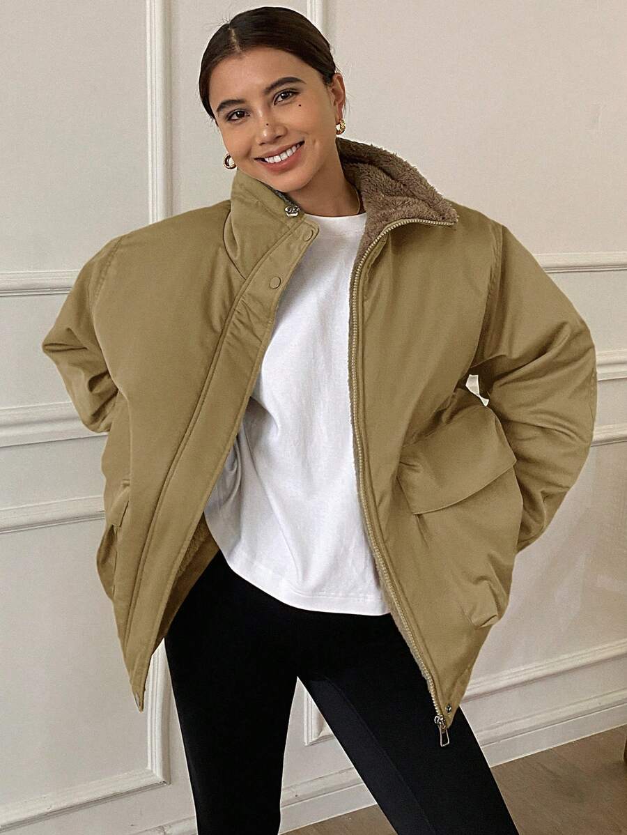 DAZY 1pc Women Solid Color Loose Fit Long Sleeve Pocket Fleece Casual Jacket, Winter Women Clothes, Winter Coat Women
