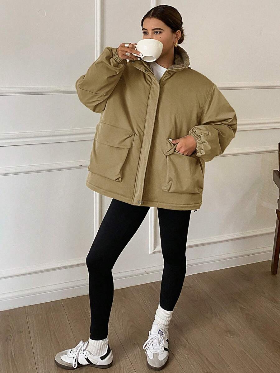 DAZY Solid Color Loose Long Sleeve Pocketed Fleece Women's Padded Coat, Ladies Winter Casual Drawstring, Pocket, Zipper Drop Shoulder Collar Loose Green Plain Women Padded Coats, Winter Warmth/ Winter Fashion ,Winter Women Clothes,Winter Coat Women Jacke