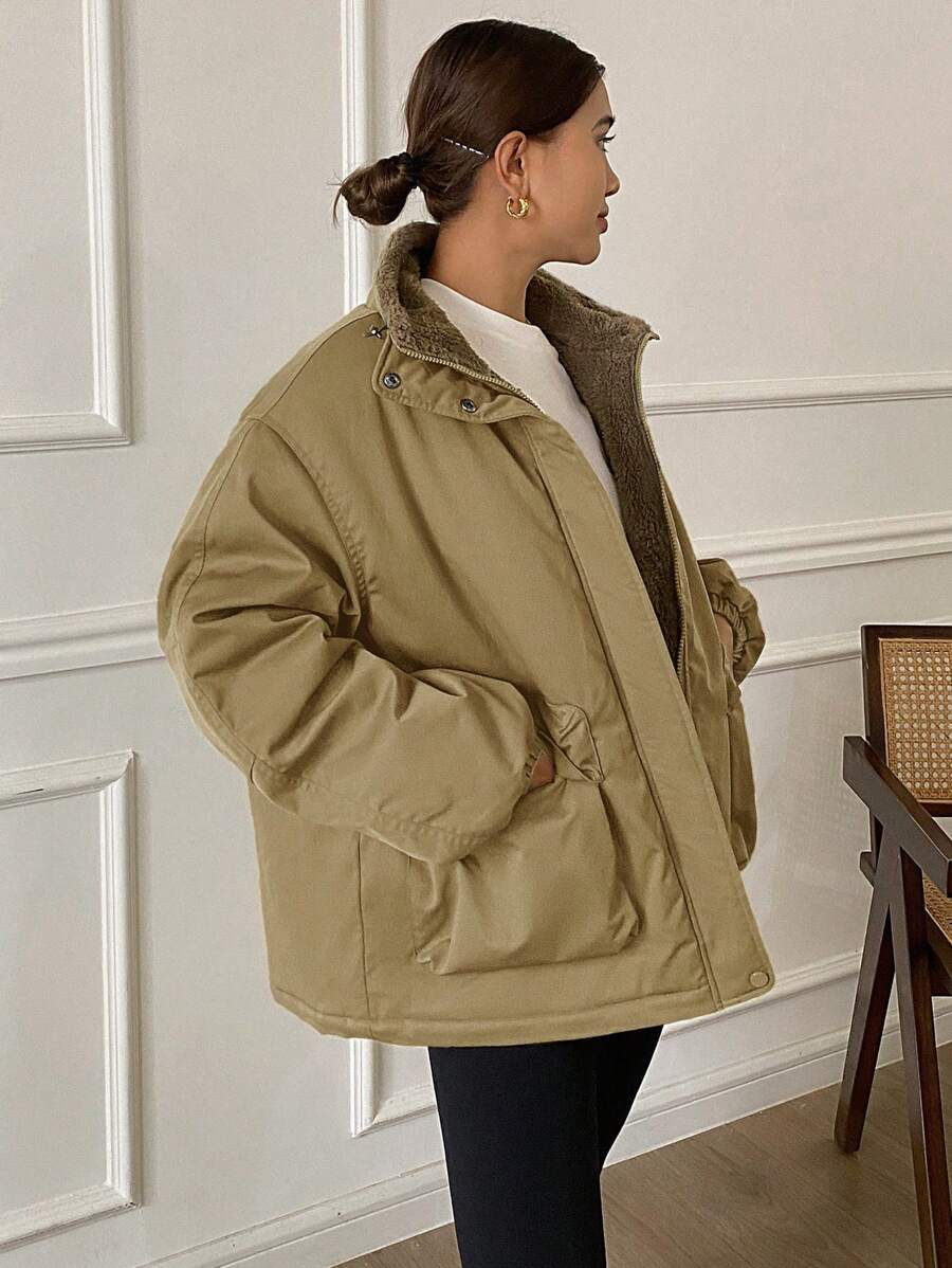 DAZY 1pc Women Solid Color Loose Fit Long Sleeve Pocket Fleece Casual Jacket, Winter Women Clothes, Winter Coat Women