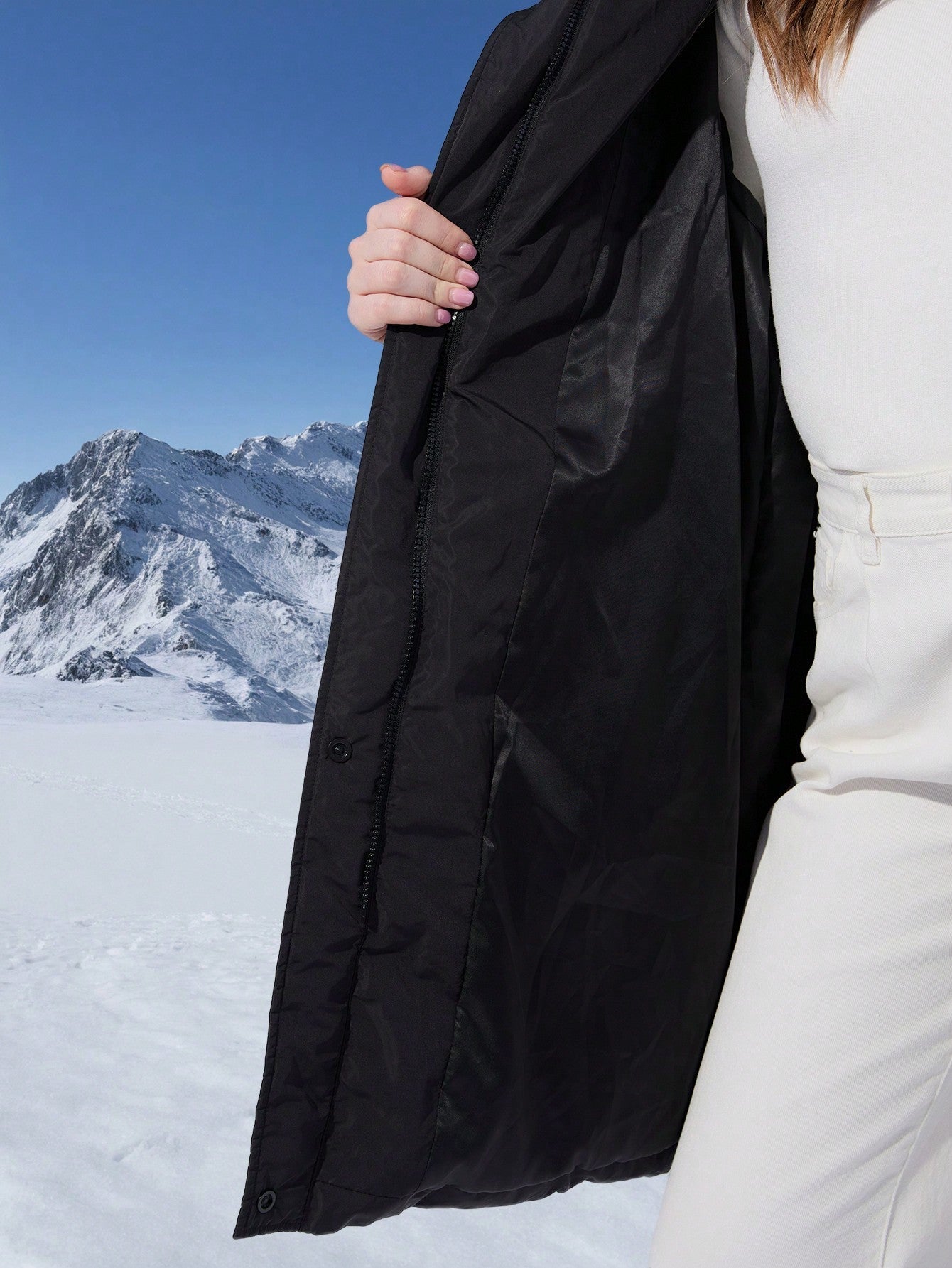 SHEIN EZwear Long Black Down& Feathers Coat For Women, Clothes Suitable For Winter