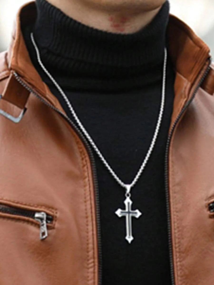 Men's Front Zipper Long Sleeve Minimalist Leather Jacket, Fashion, For Fall Winter