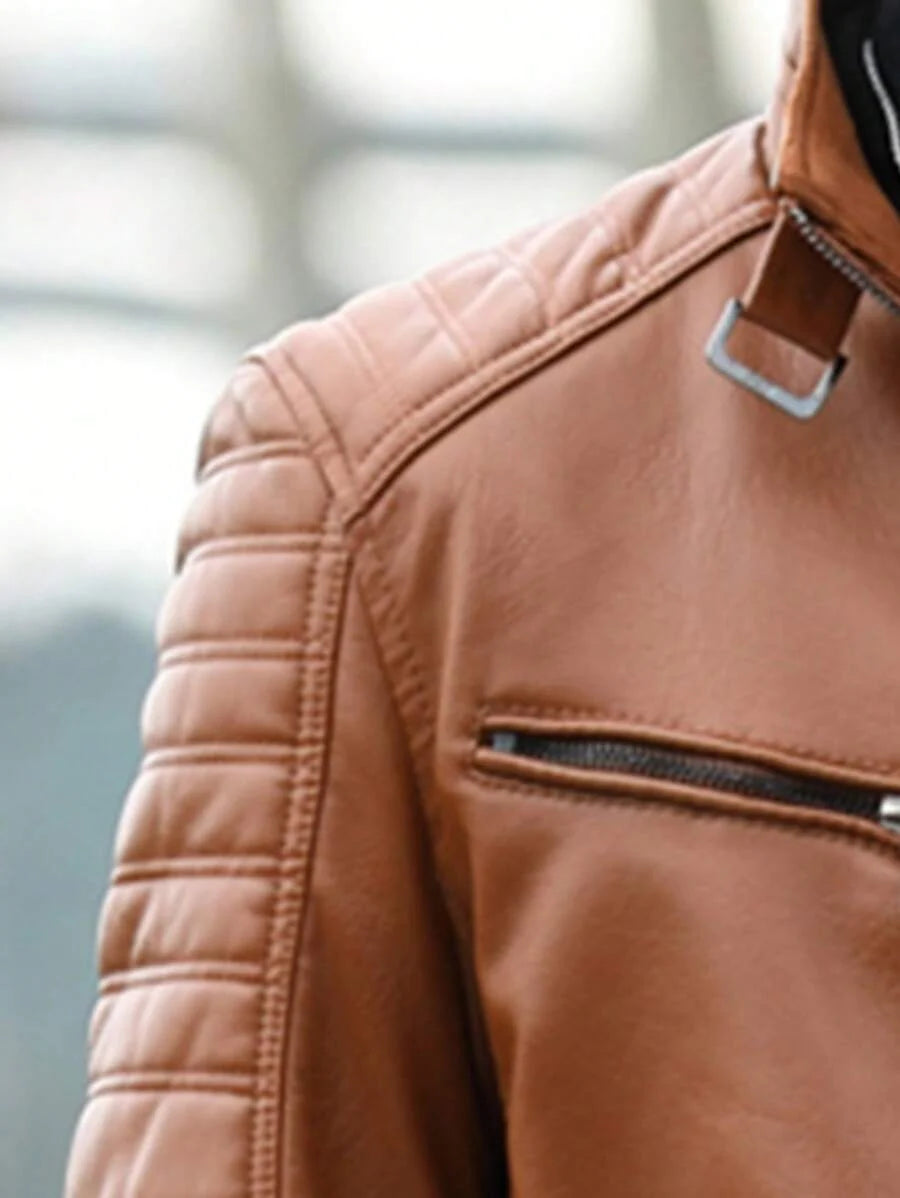 Men's Front Zipper Long Sleeve Minimalist Leather Jacket, Fashion, For Fall Winter