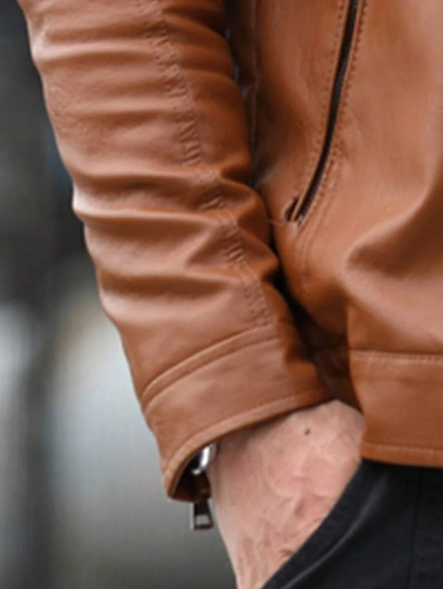 Men's Front Zipper Long Sleeve Minimalist Leather Jacket, Fashion, For Fall Winter