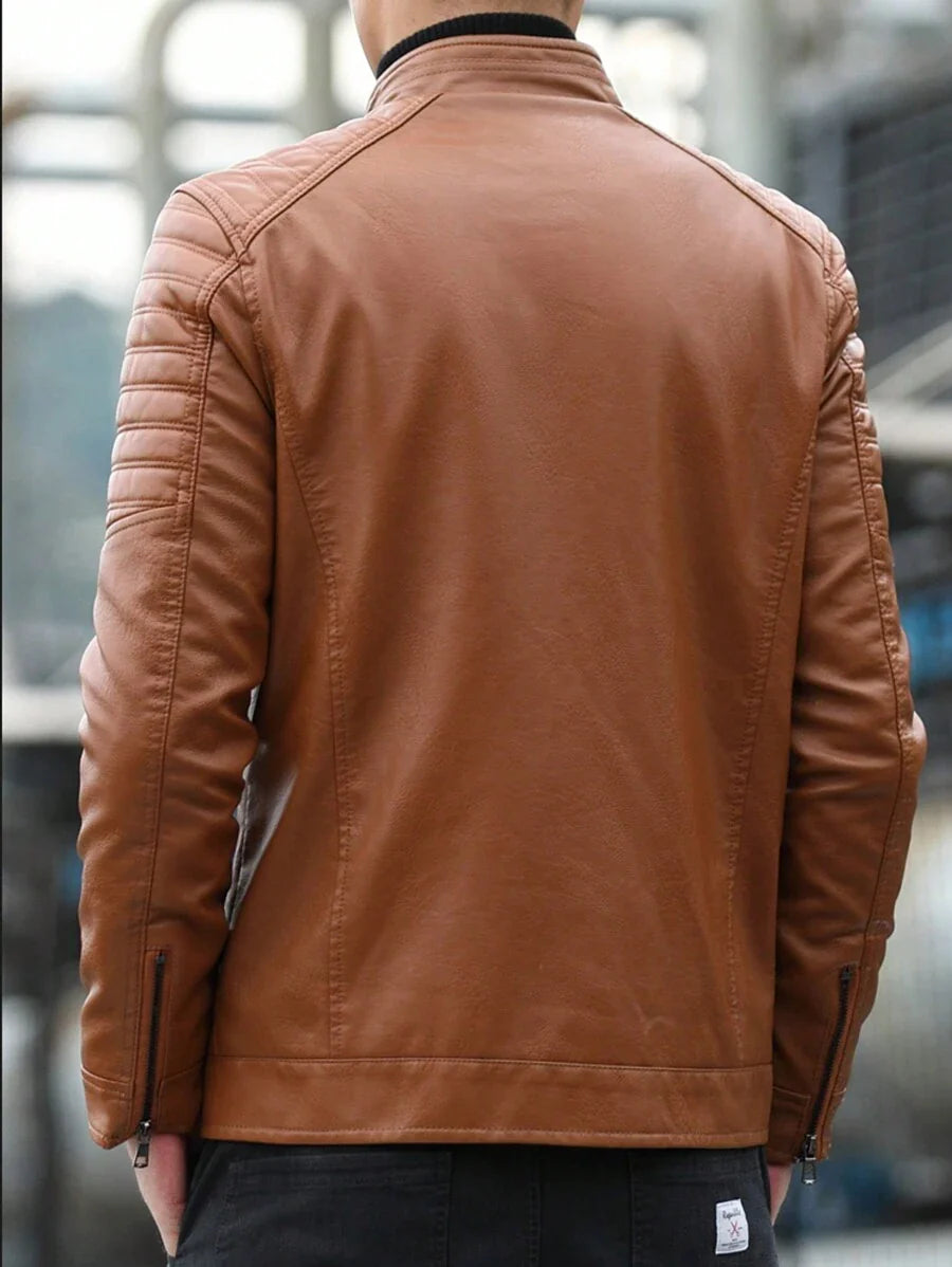 Men's Front Zipper Long Sleeve Minimalist Leather Jacket, Fashion, For Fall Winter