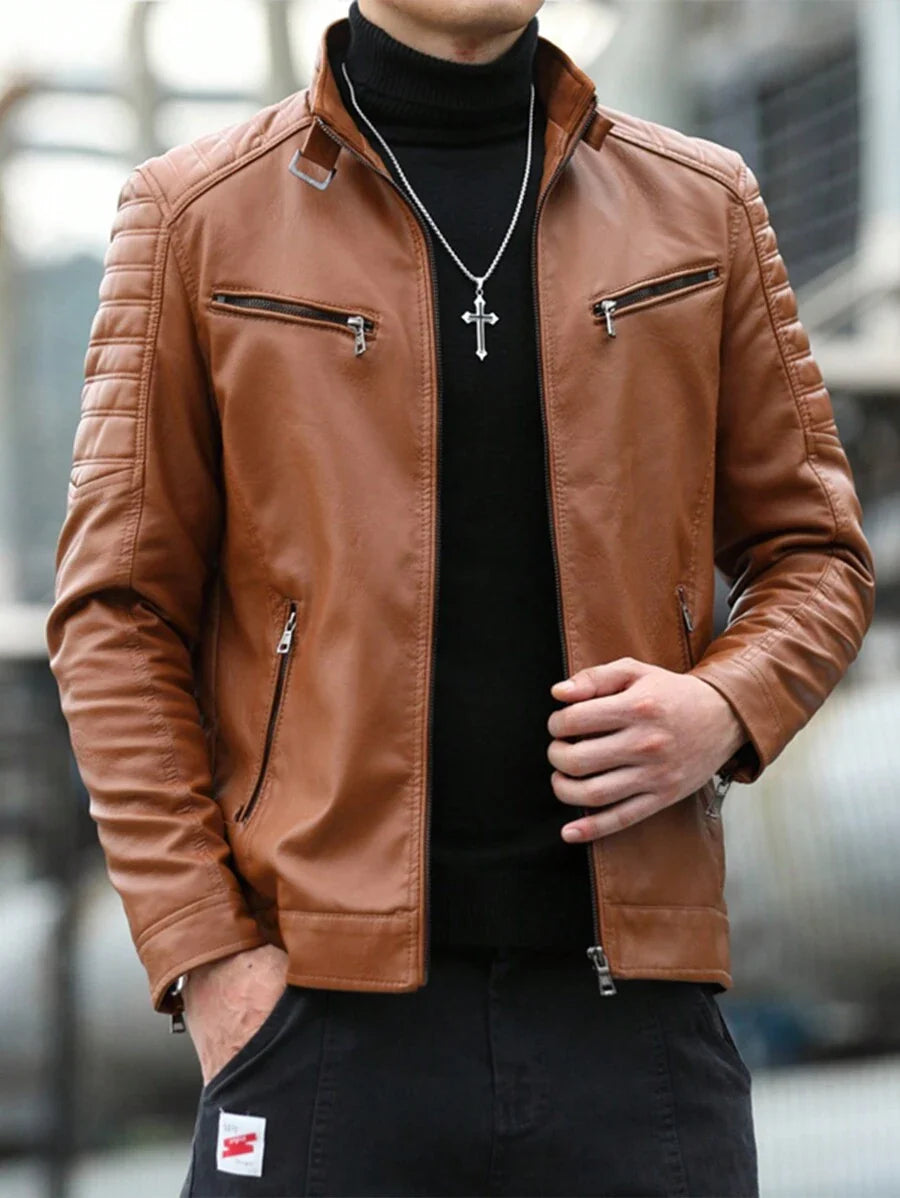 Men's Front Zipper Long Sleeve Minimalist Leather Jacket, Fashion, For Fall Winter