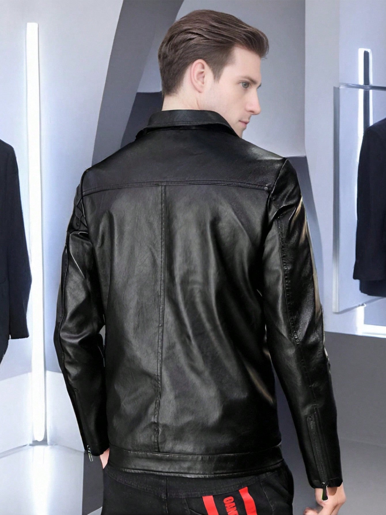 Casual Turn-Down Collar PU Leather Jacket, Slim Fit Business Coat, And Comfortable Top For Men,Fleece
