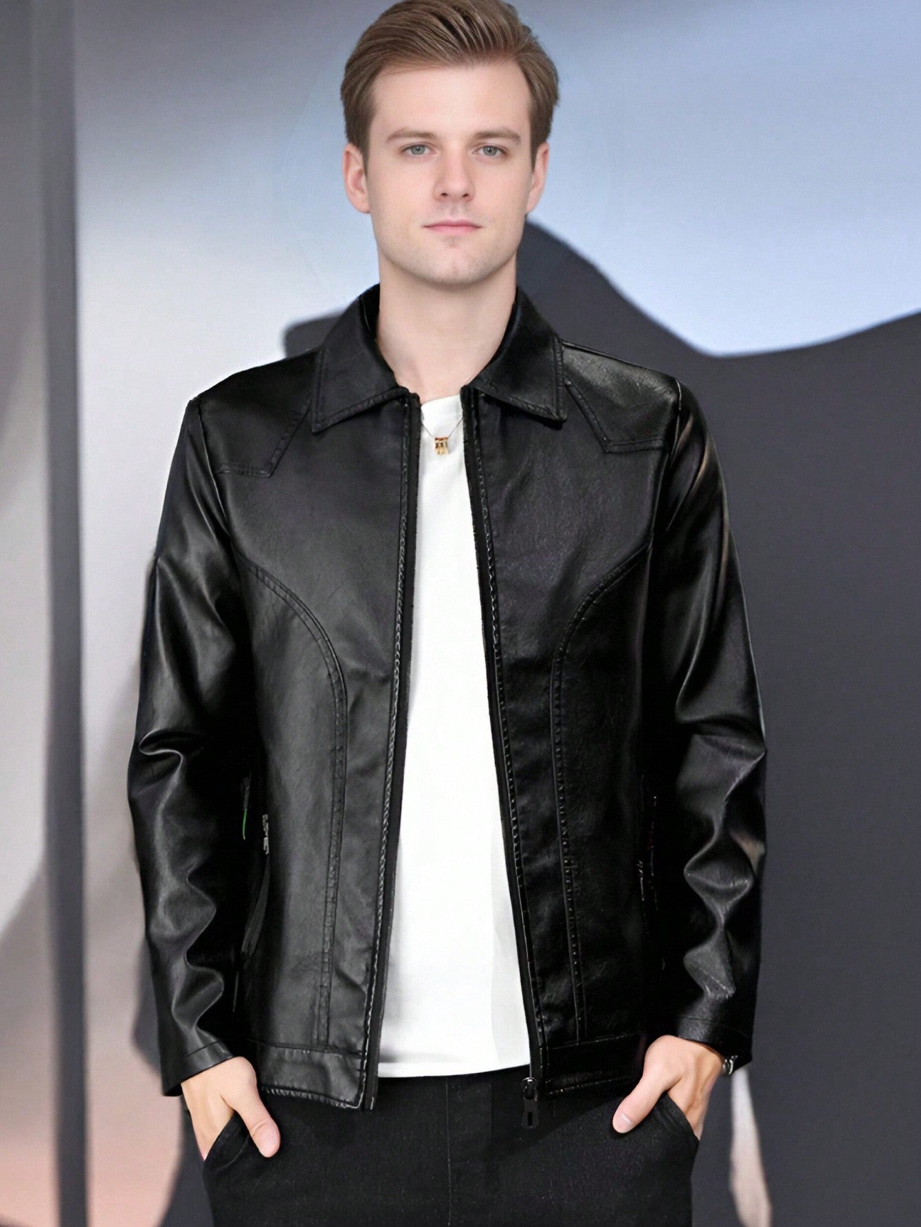 Casual Turn-Down Collar PU Leather Jacket, Slim Fit Business Coat, And Comfortable Top For Men,Fleece