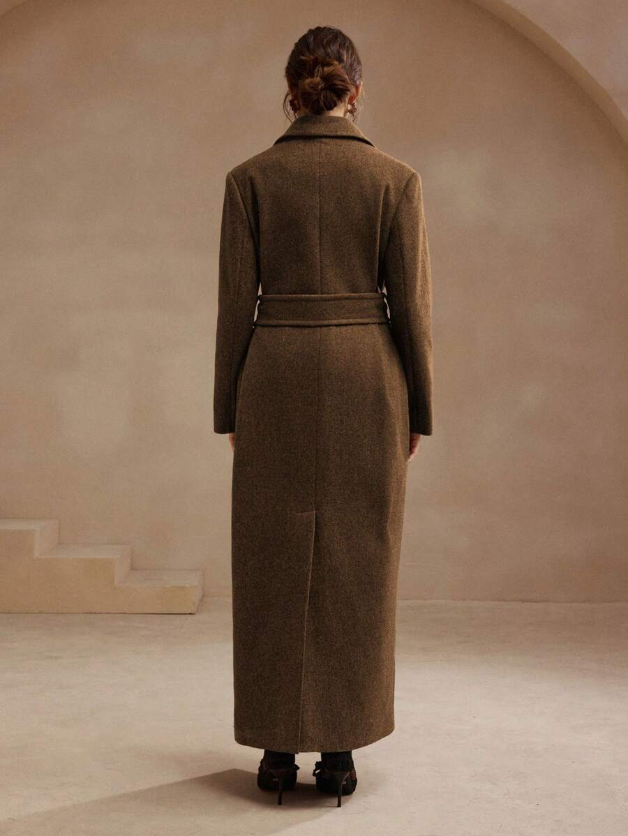 Anewsta Women's Khaki Long Belted Overcoat With Lapel Collar