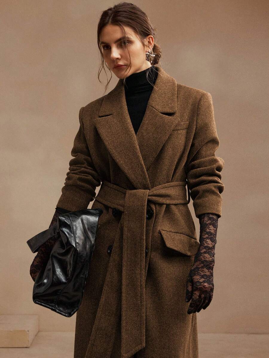 Anewsta Women's Khaki Long Belted Overcoat With Lapel Collar