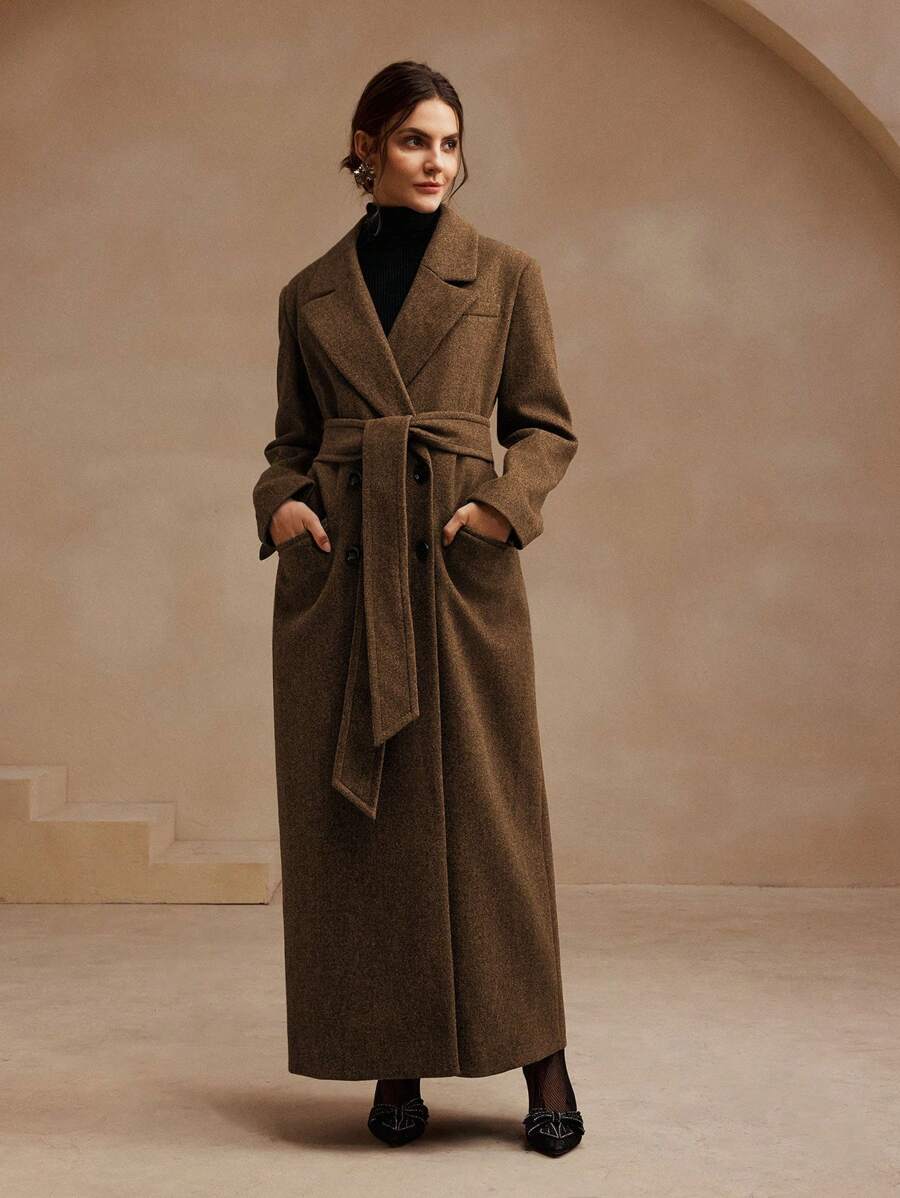 Anewsta Women's Khaki Long Belted Overcoat With Lapel Collar