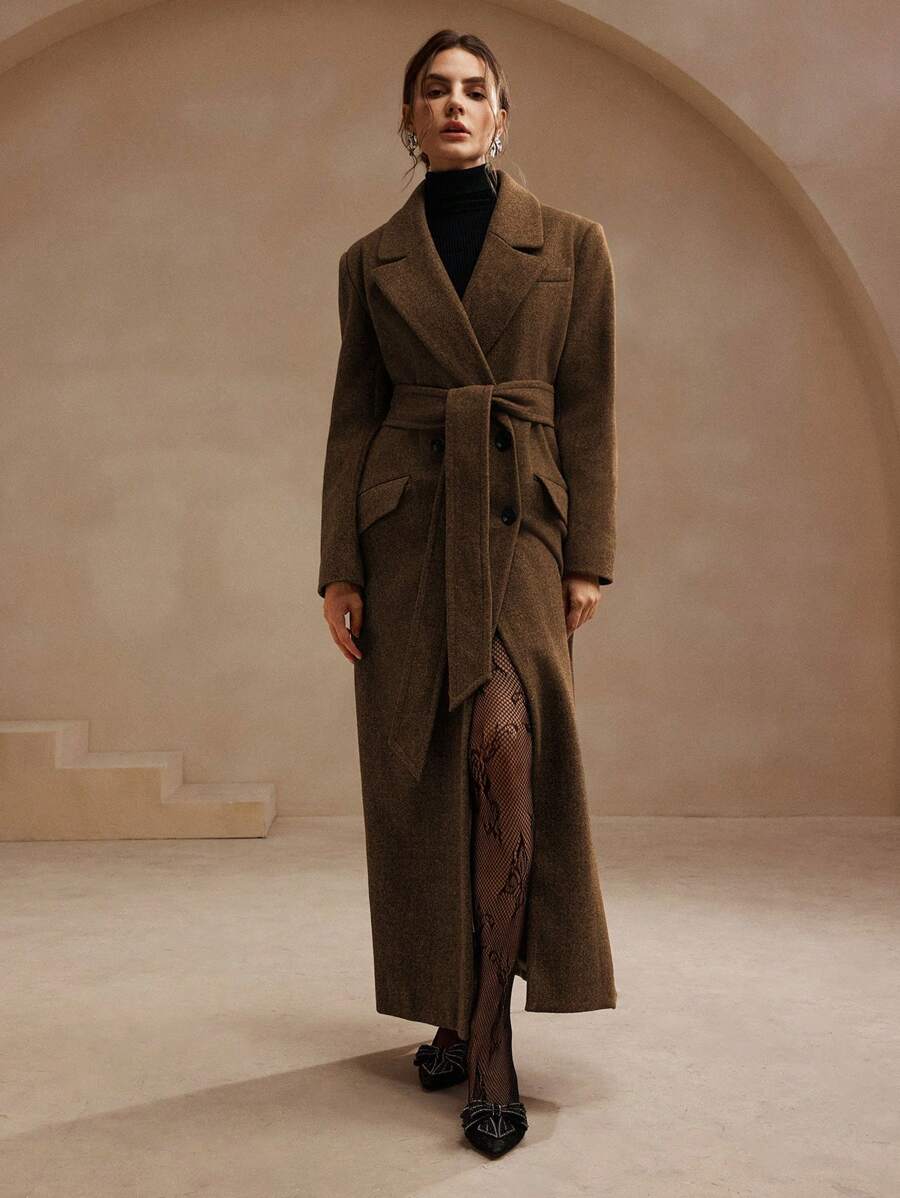 Anewsta Women's Khaki Long Belted Overcoat With Lapel Collar