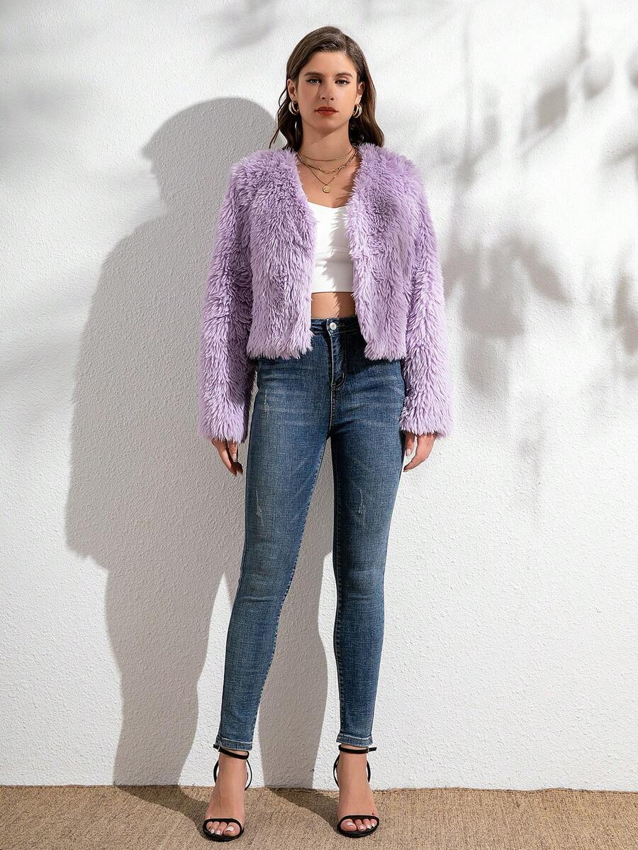 Women's Solid Color Faux Fur Jacket, Fashionable For Autumn/Winter