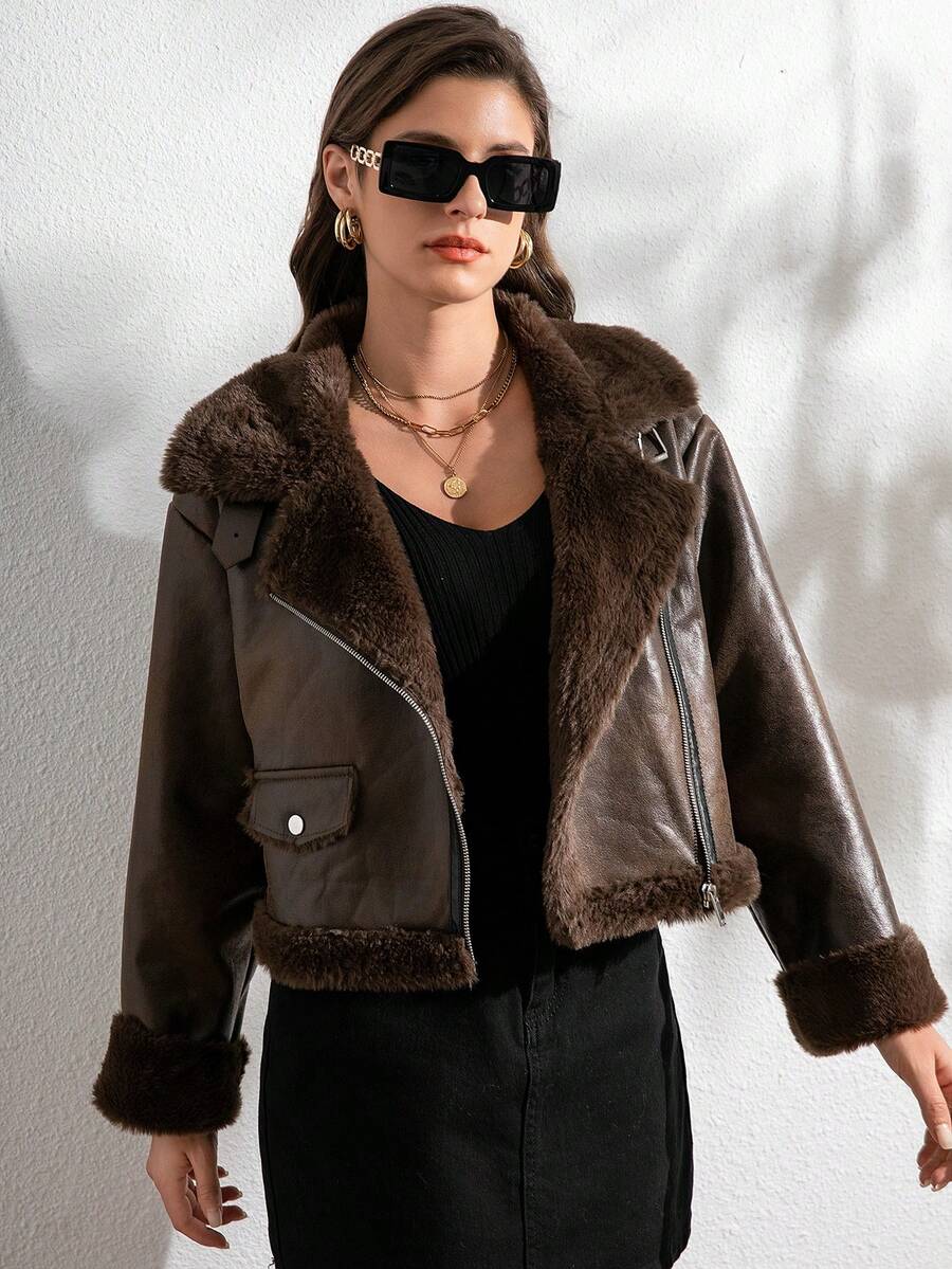 RELISH NOLESS Women's Autumn/Winter Faux Fur Lined Zip-Up Long Sleeve Jacket