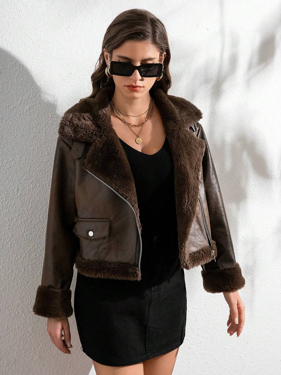 RELISH NOLESS Women's Autumn/Winter Faux Fur Lined Zip-Up Long Sleeve Jacket