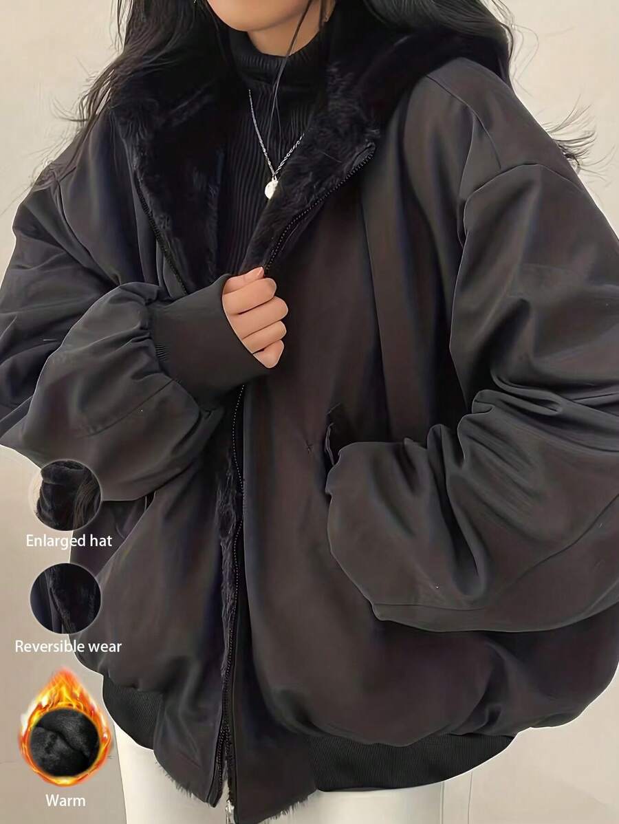 Women's Oversized Hooded Parka With Faux Fur Collar, Slimming Silhouette, Dual-Sided Wear, Daily Street Style, Short Jacket For Autumn/Winter
