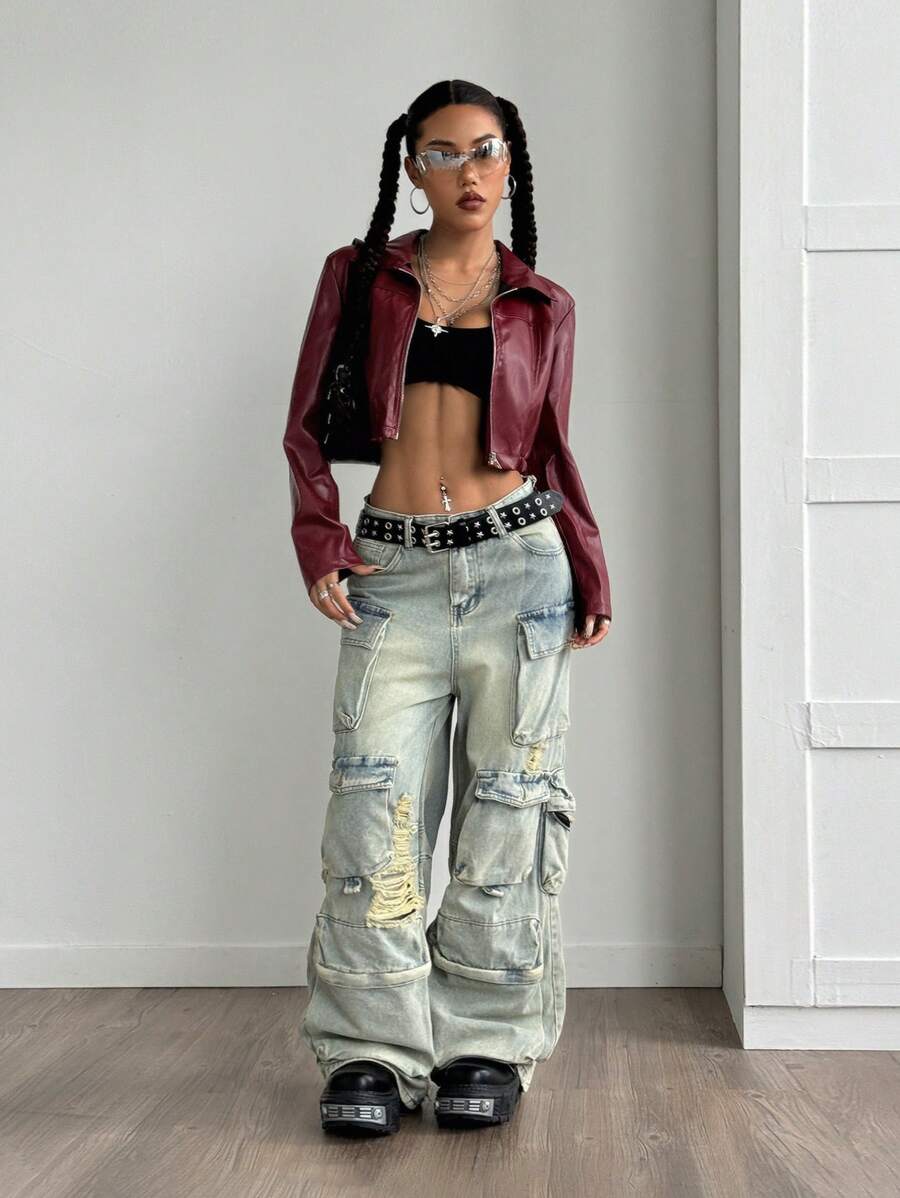 StreetHx Halloween Cropped Leather Zipper Jacket, Suitable For Autumn And Winter