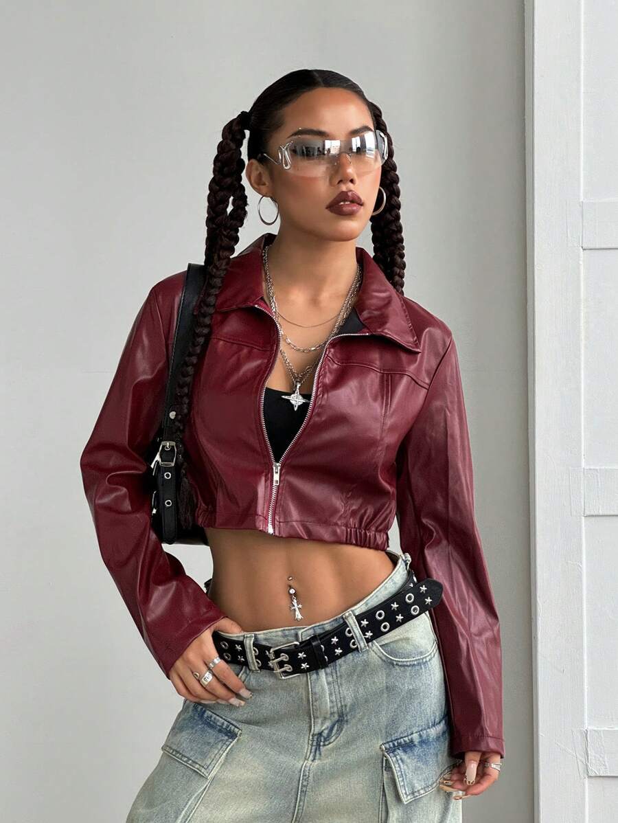StreetHx Halloween Cropped Leather Zipper Jacket, Suitable For Autumn And Winter