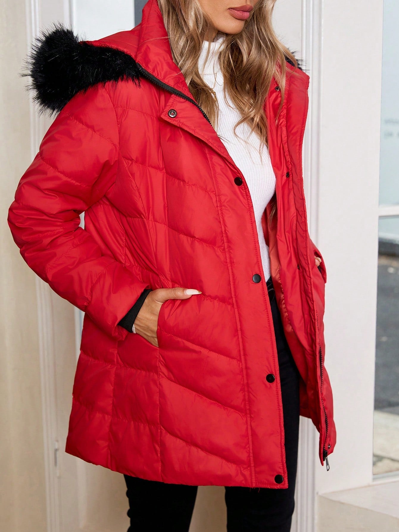 SHEIN LUNE Autumn/Winter Red  Coat ,Contrast Blak Furry Trim Long Down& Feathers, Warm Clothes