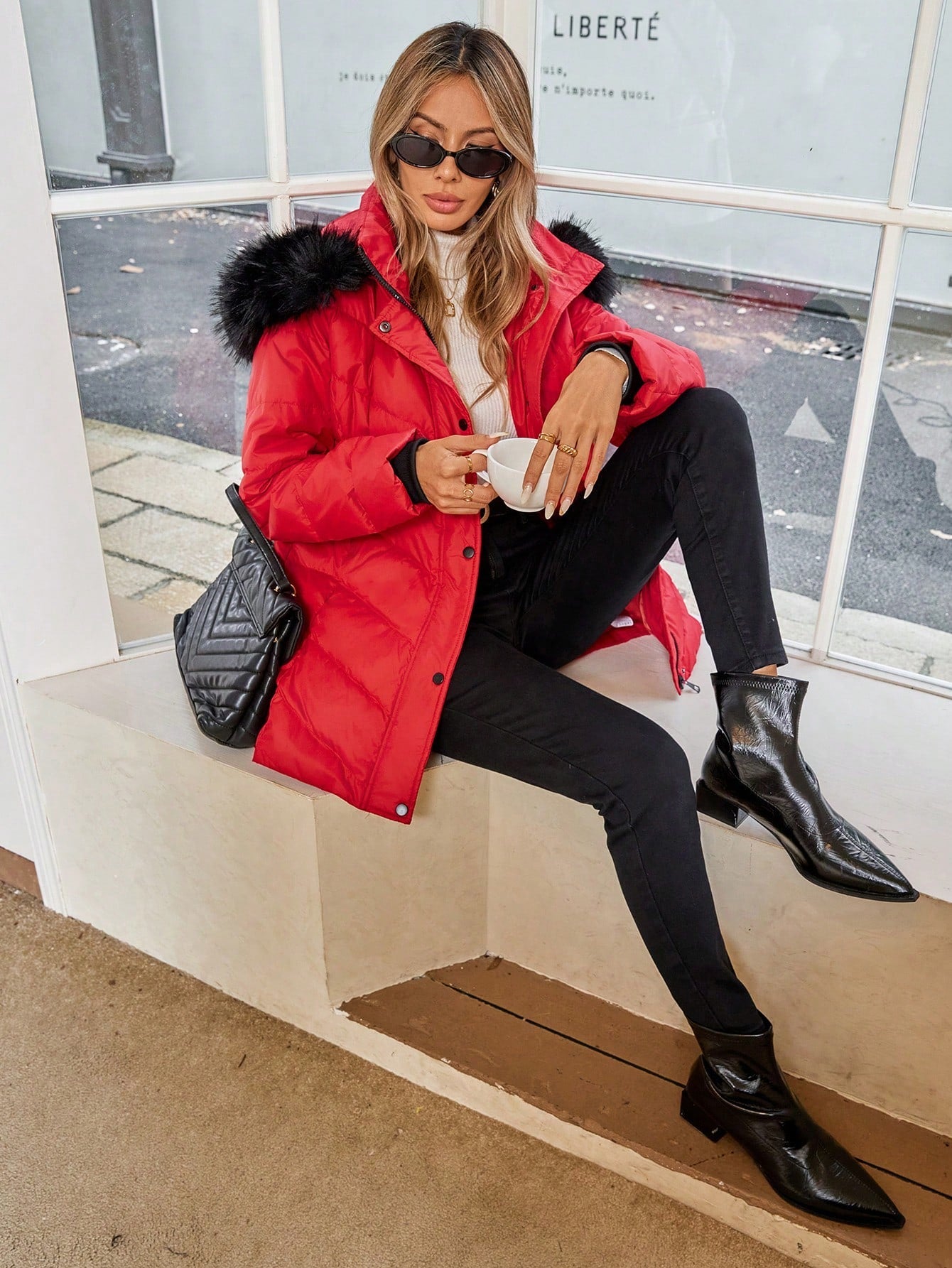 SHEIN LUNE Autumn/Winter Red  Coat ,Contrast Blak Furry Trim Long Down& Feathers, Warm Clothes