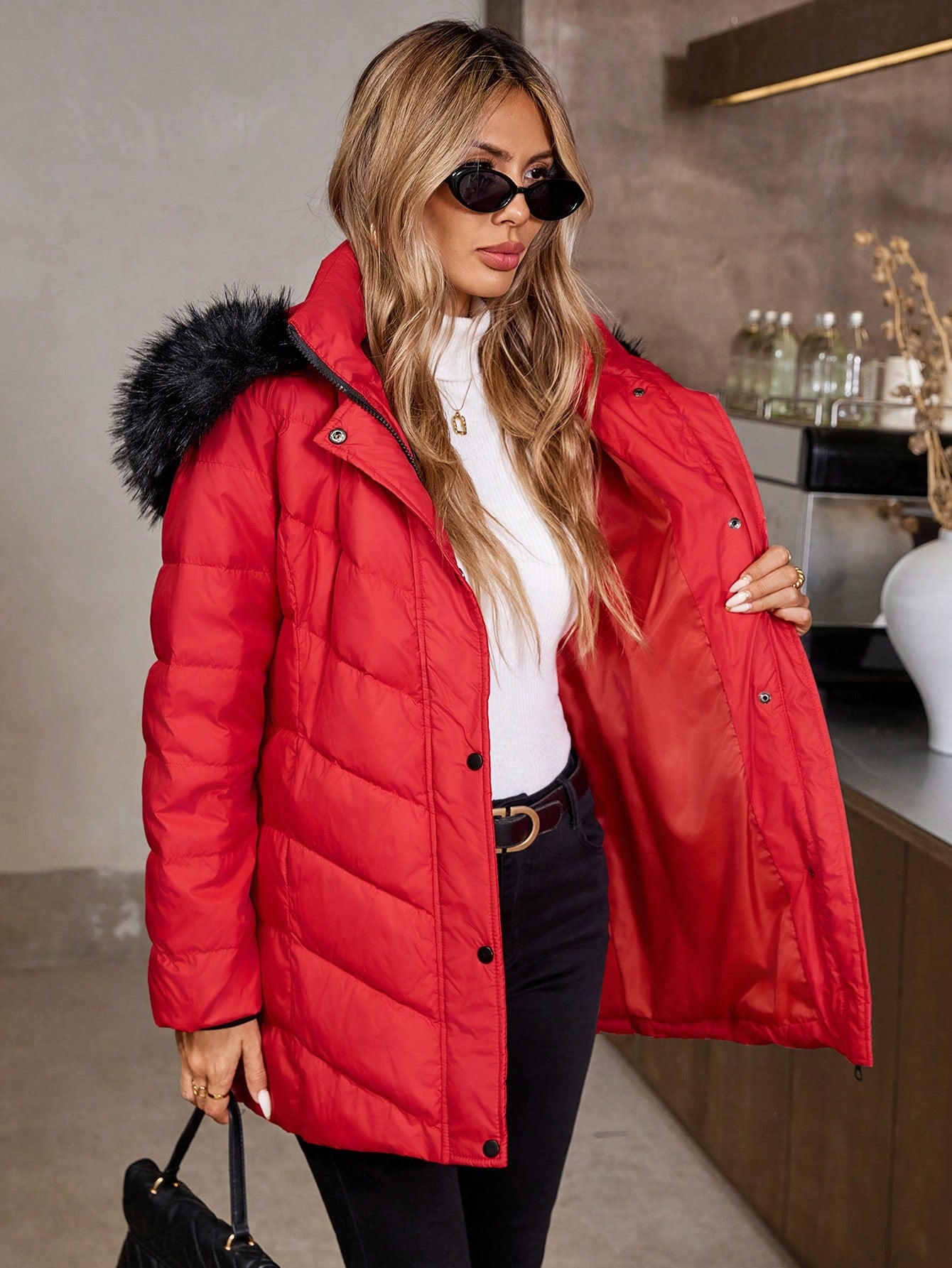 SHEIN LUNE Autumn/Winter Red  Coat ,Contrast Blak Furry Trim Long Down& Feathers, Warm Clothes