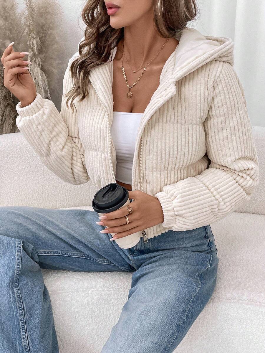 LUNE Women's Short Casual Street Fashion Corduroy Padded Coat, Winter Crop Jackets For Women Zip Up Jacket Women Corduroy Jacket Women Brown Jacket Women Cropped Jackets,Fall