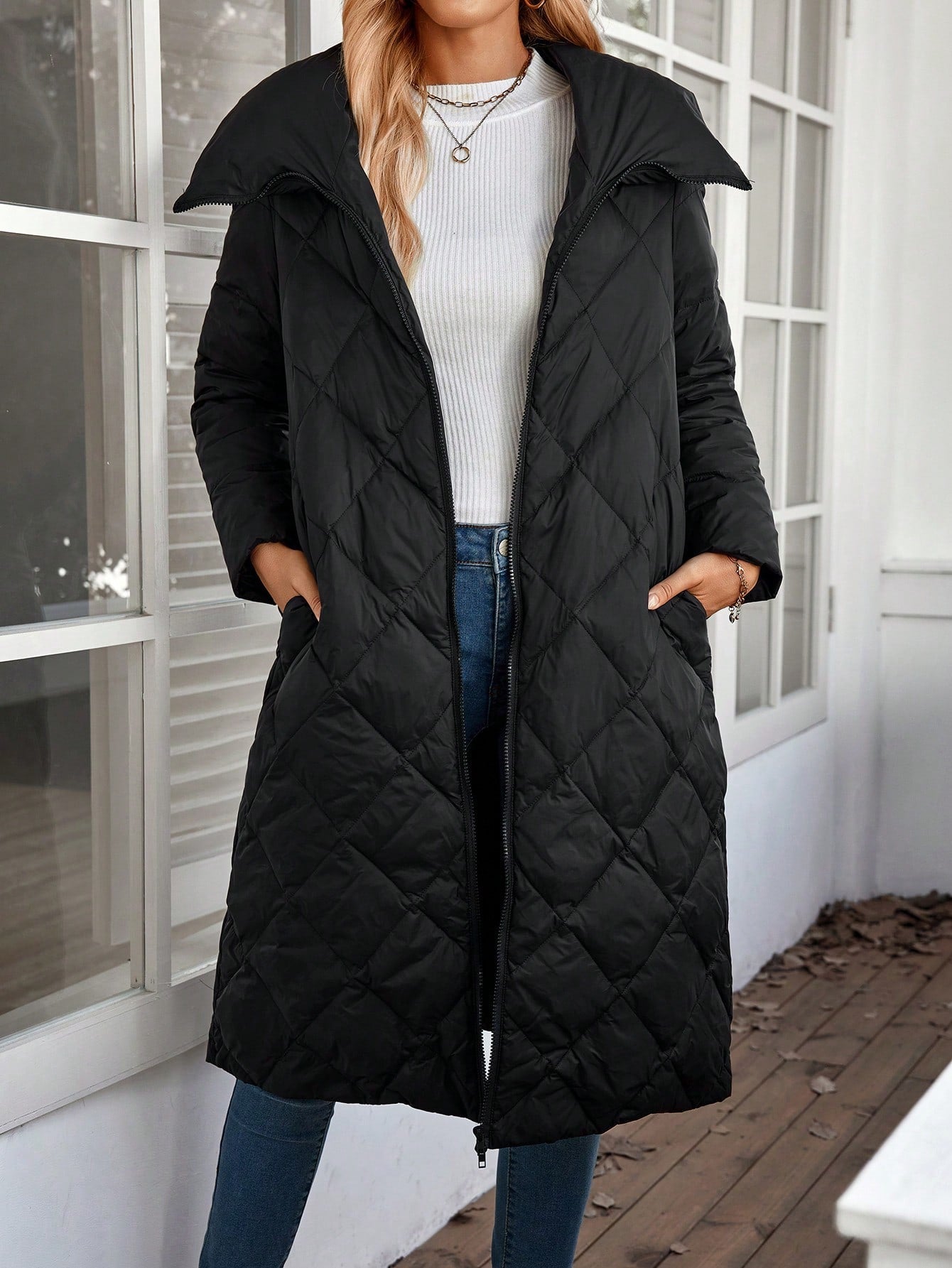 EMERY ROSE Women Solid Color Zip Pocket Casual Long Sleeve Jacket,Down& Feathers Winter