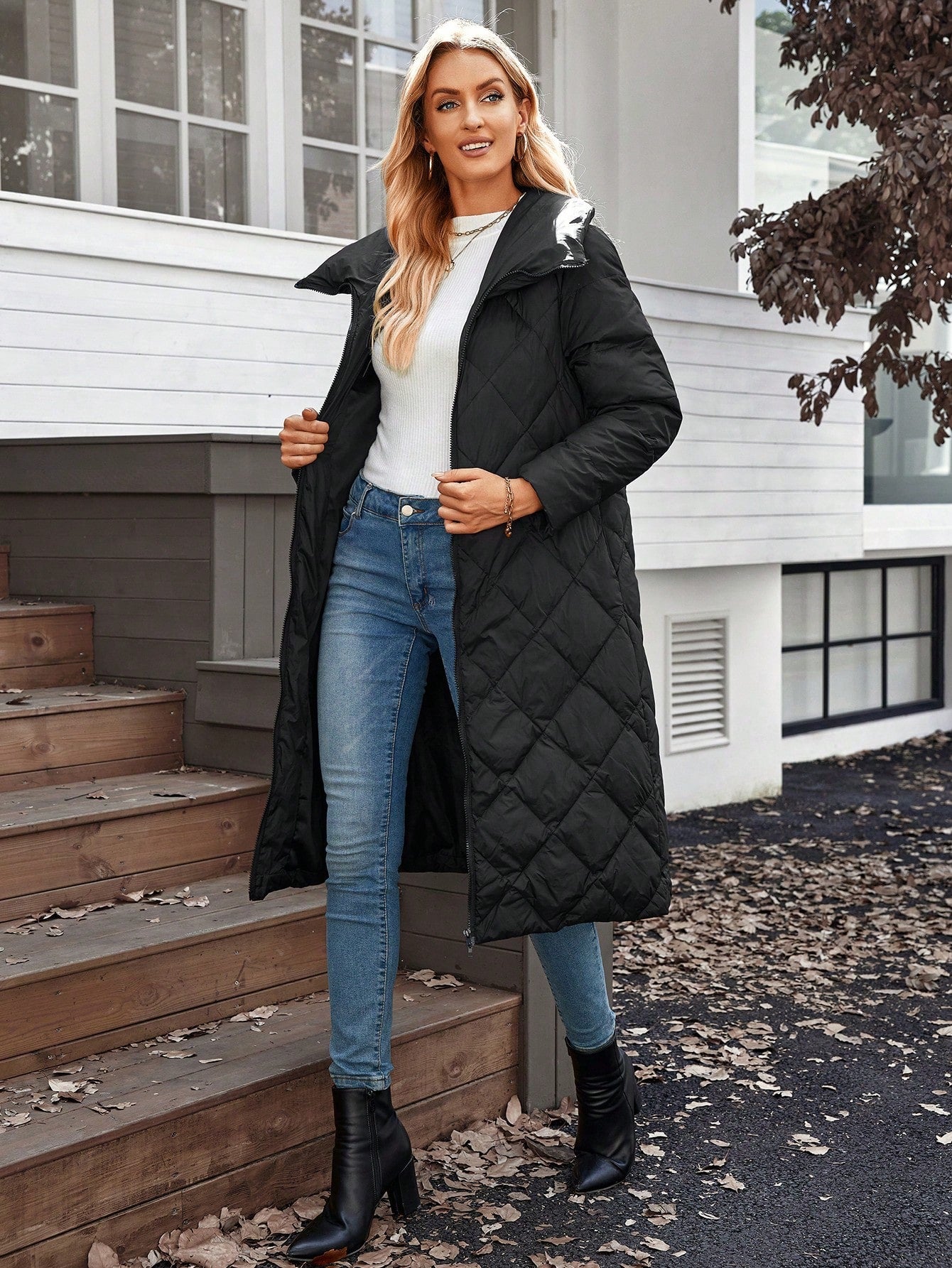 EMERY ROSE Women Solid Color Zip Pocket Casual Long Sleeve Jacket,Down& Feathers Winter