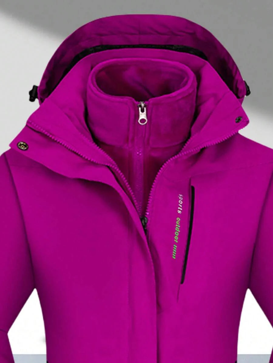 1 Set Women Outdoor Sports Mountaineering Skiing Hiking Camping Windproof Waterproof Thermal Lined 3-In-1 Black Softshell Jacket And Fleece Top, Winter