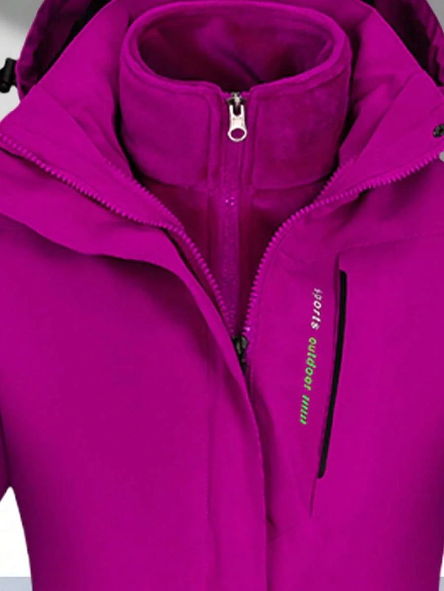 1 Set Women Outdoor Sports Mountaineering Skiing Hiking Camping Windproof Waterproof Thermal Lined 3-In-1 Black Softshell Jacket And Fleece Top, Winter
