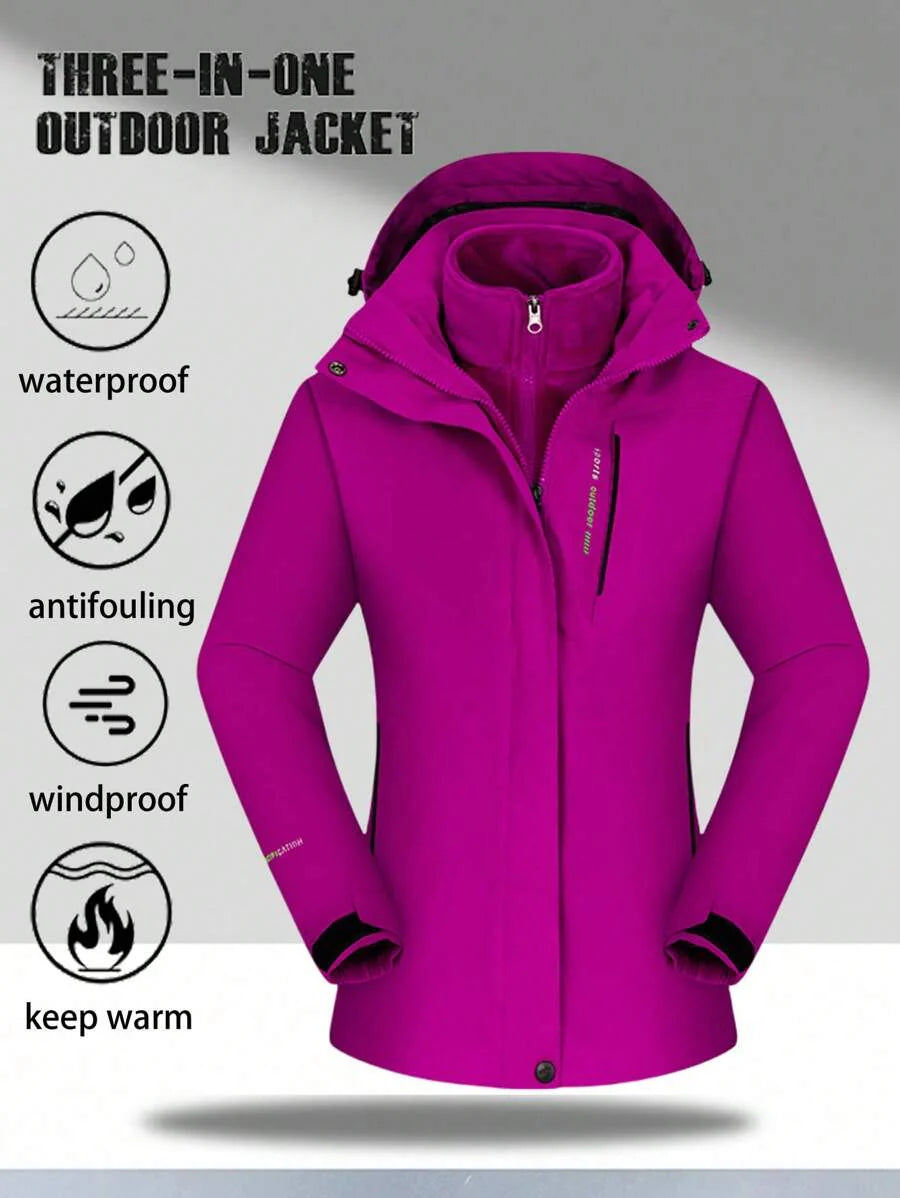 1 Set Women Outdoor Sports Mountaineering Skiing Hiking Camping Windproof Waterproof Thermal Lined 3-In-1 Black Softshell Jacket And Fleece Top, Winter