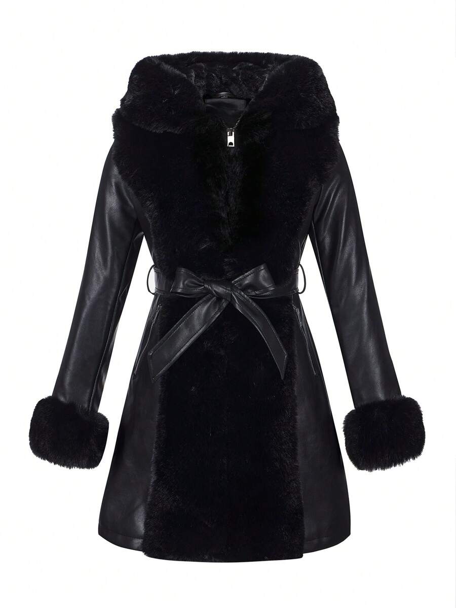 Giolshon Women's PU Jacket With Faux Fur And Belt - Perfect For Fall And Winter, And Stylish With Waist Tie For Casual Or Work Commute