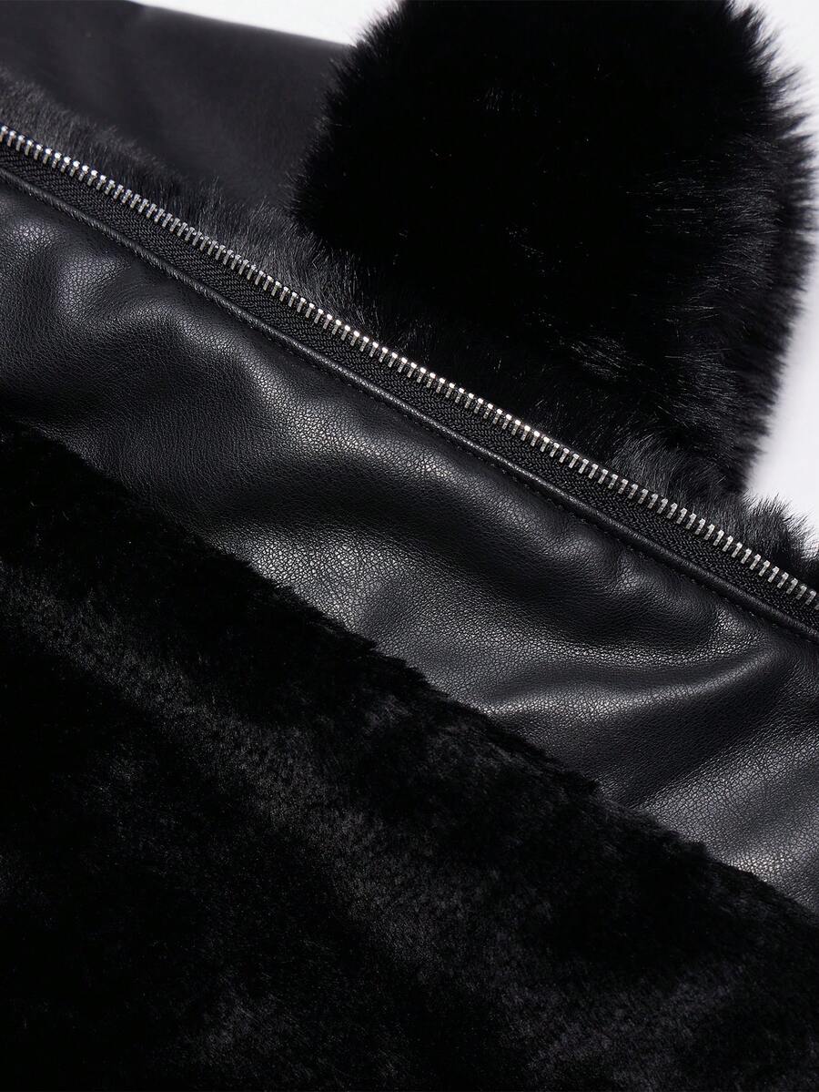 Giolshon Women's PU Jacket With Faux Fur And Belt - Perfect For Fall And Winter, And Stylish With Waist Tie For Casual Or Work Commute