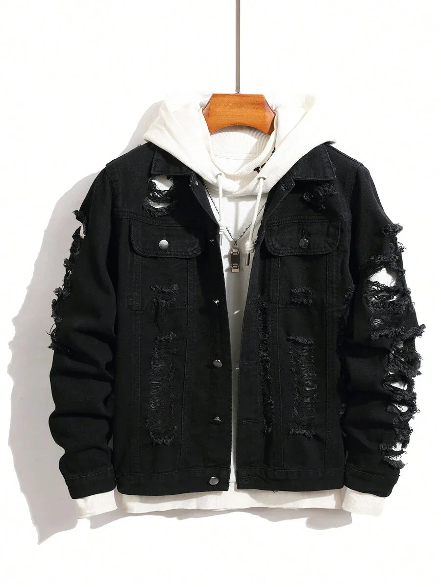 Manfinity Homme Men Casual Long Sleeve Distressed Single-Breasted Denim Jacket, Fall