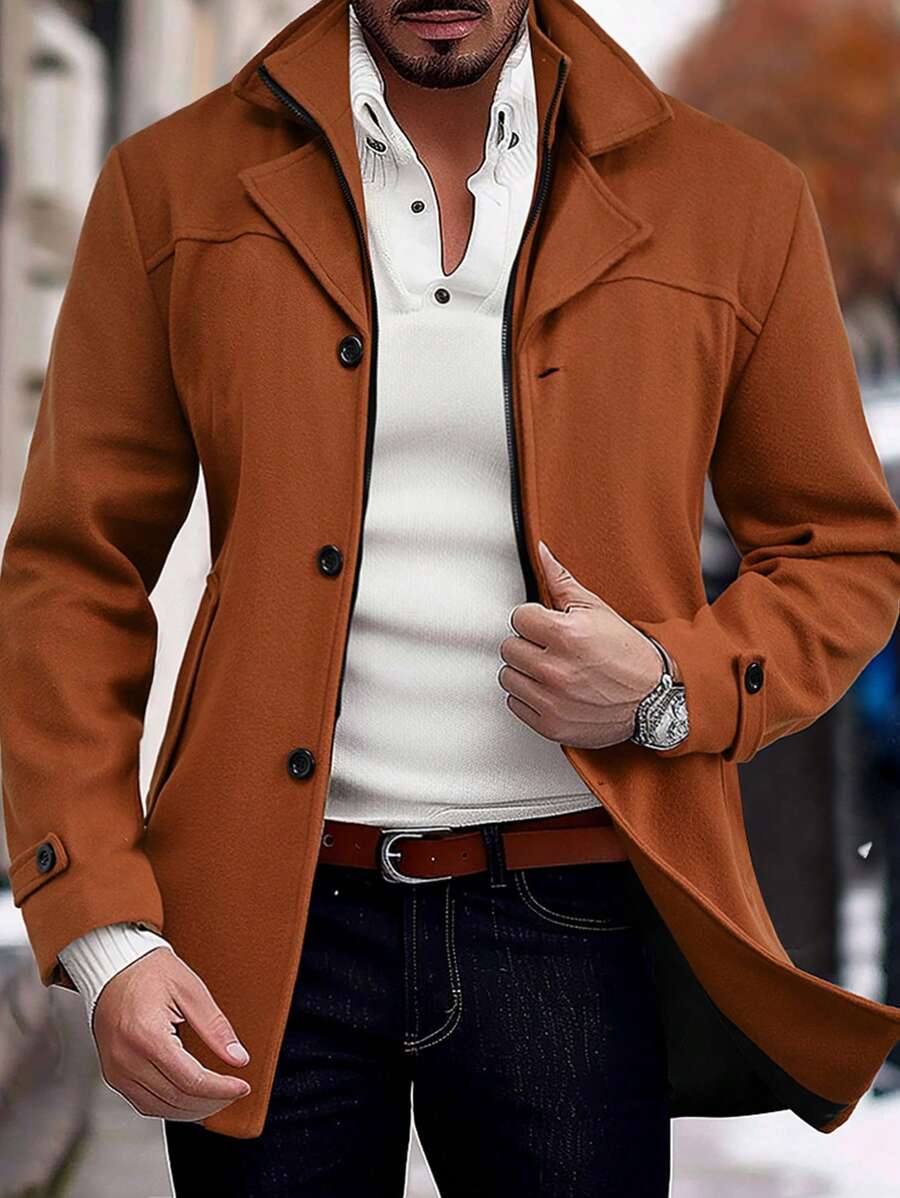 Manfinity Homme Men's Solid Color Long Sleeve Lapel Neck Casual Jacket, Autumn/Winter Black Jacket For Classy Elegant for Men Business Casual Men Black Dress Overcoat