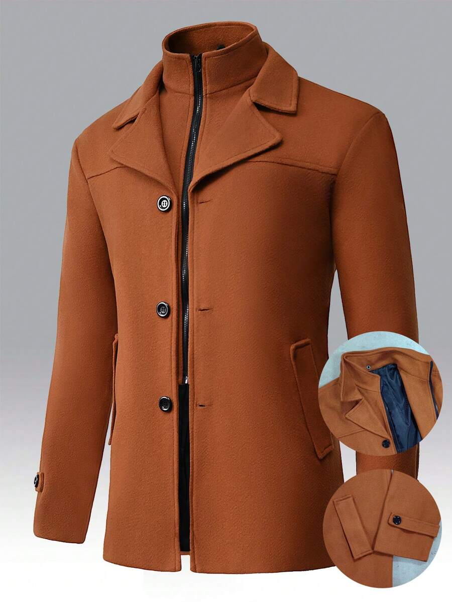 Manfinity Homme Men's Solid Color Long Sleeve Lapel Neck Casual Jacket, Autumn/Winter Black Jacket For Classy Elegant for Men Business Casual Men Black Dress Overcoat