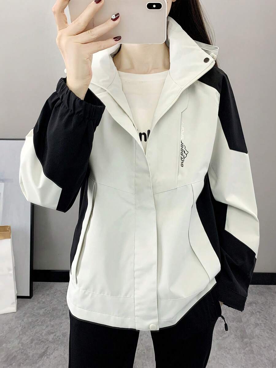 Women Color Block Spring And Autumn Windbreaker, Sports Outdoor Windproof Waterproof Running Lightweight Breathable Mountaineering Jacket With Long Sleeves