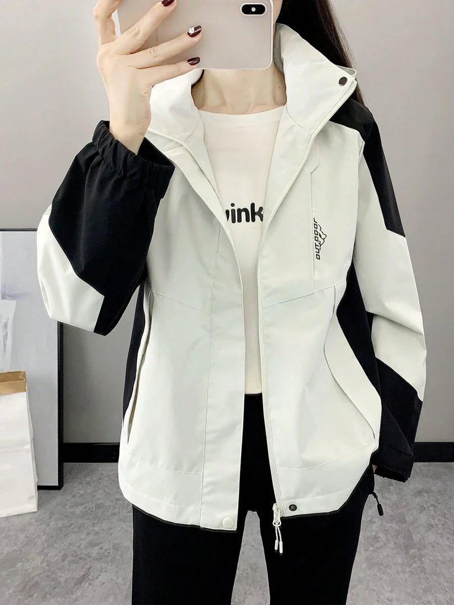 Women Color Block Spring And Autumn Windbreaker, Sports Outdoor Windproof Waterproof Running Lightweight Breathable Mountaineering Jacket With Long Sleeves