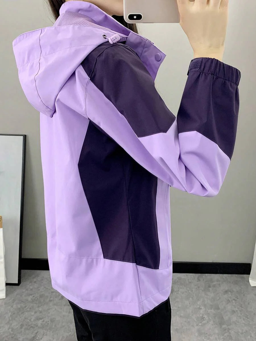 Women Color Block Spring And Autumn Windbreaker, Sports Outdoor Windproof Waterproof Running Lightweight Breathable Mountaineering Jacket With Long Sleeves
