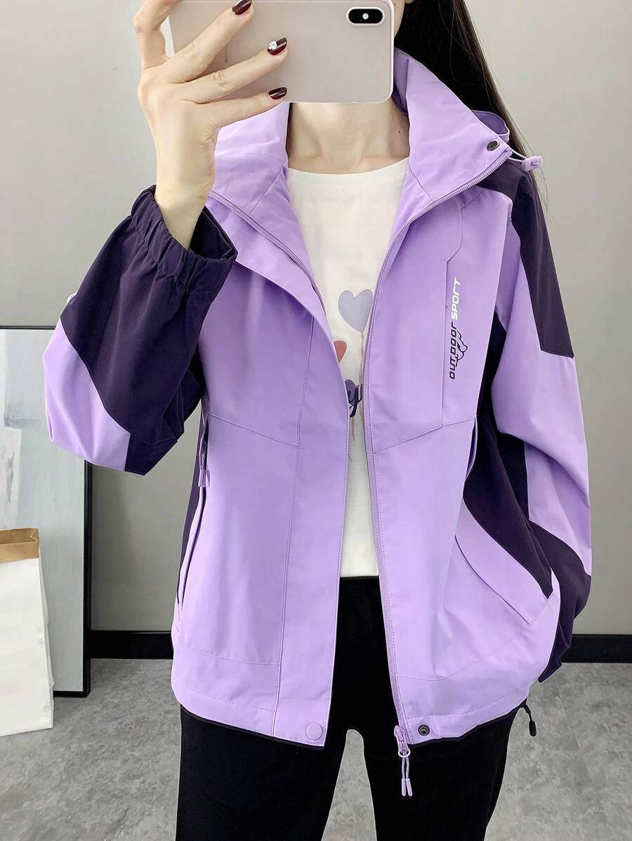 Women Color Block Spring And Autumn Windbreaker, Sports Outdoor Windproof Waterproof Running Lightweight Breathable Mountaineering Jacket With Long Sleeves