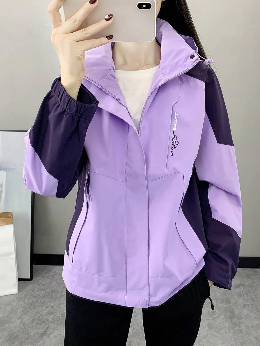 Women Color Block Spring And Autumn Windbreaker, Sports Outdoor Windproof Waterproof Running Lightweight Breathable Mountaineering Jacket With Long Sleeves