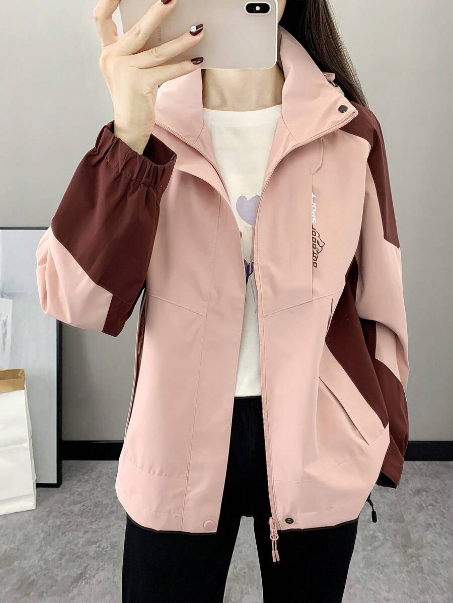 Women Color Block Spring And Autumn Windbreaker, Sports Outdoor Windproof Waterproof Running Lightweight Breathable Mountaineering Jacket With Long Sleeves