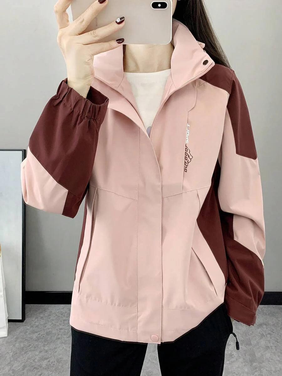 Women Color Block Spring And Autumn Windbreaker, Sports Outdoor Windproof Waterproof Running Lightweight Breathable Mountaineering Jacket With Long Sleeves