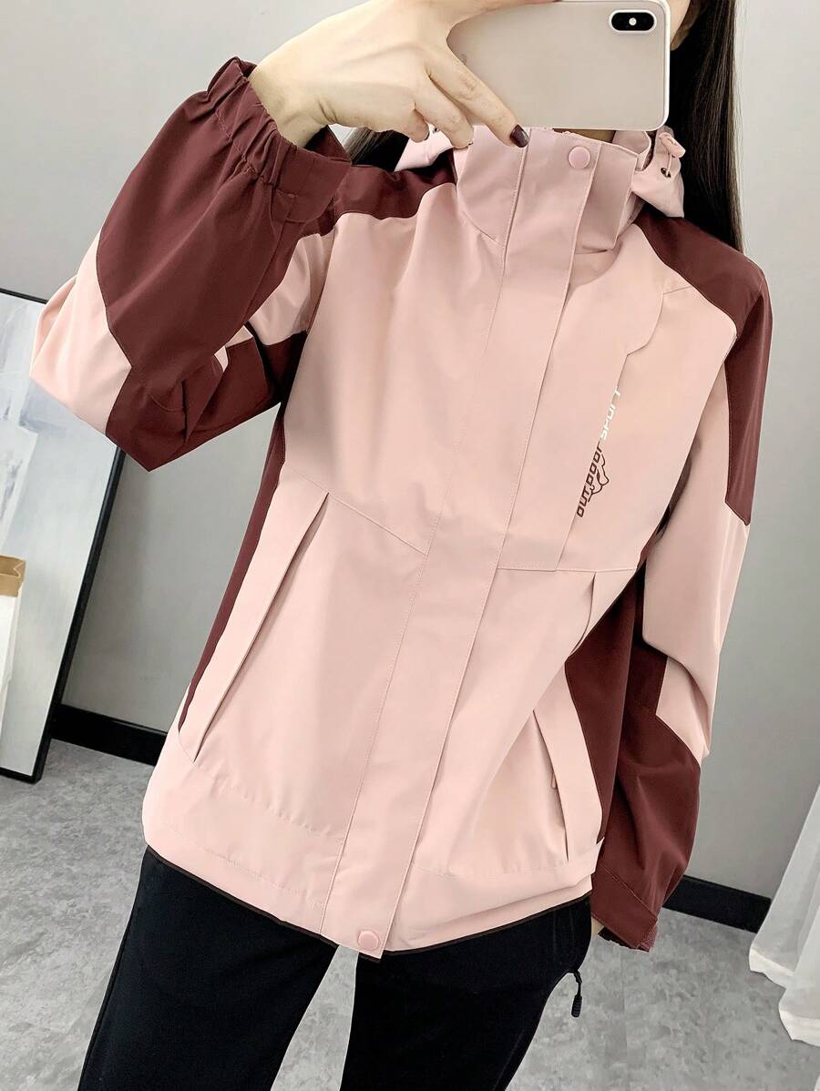 Women Color Block Spring And Autumn Windbreaker, Sports Outdoor Windproof Waterproof Running Lightweight Breathable Mountaineering Jacket With Long Sleeves