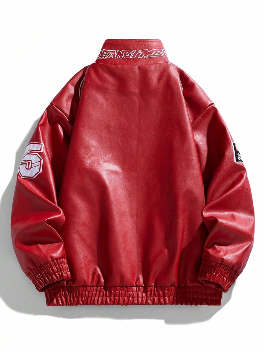 Men's PU Leather Embroidered Biker Rave Jacket, Grunge, Fall/Winter