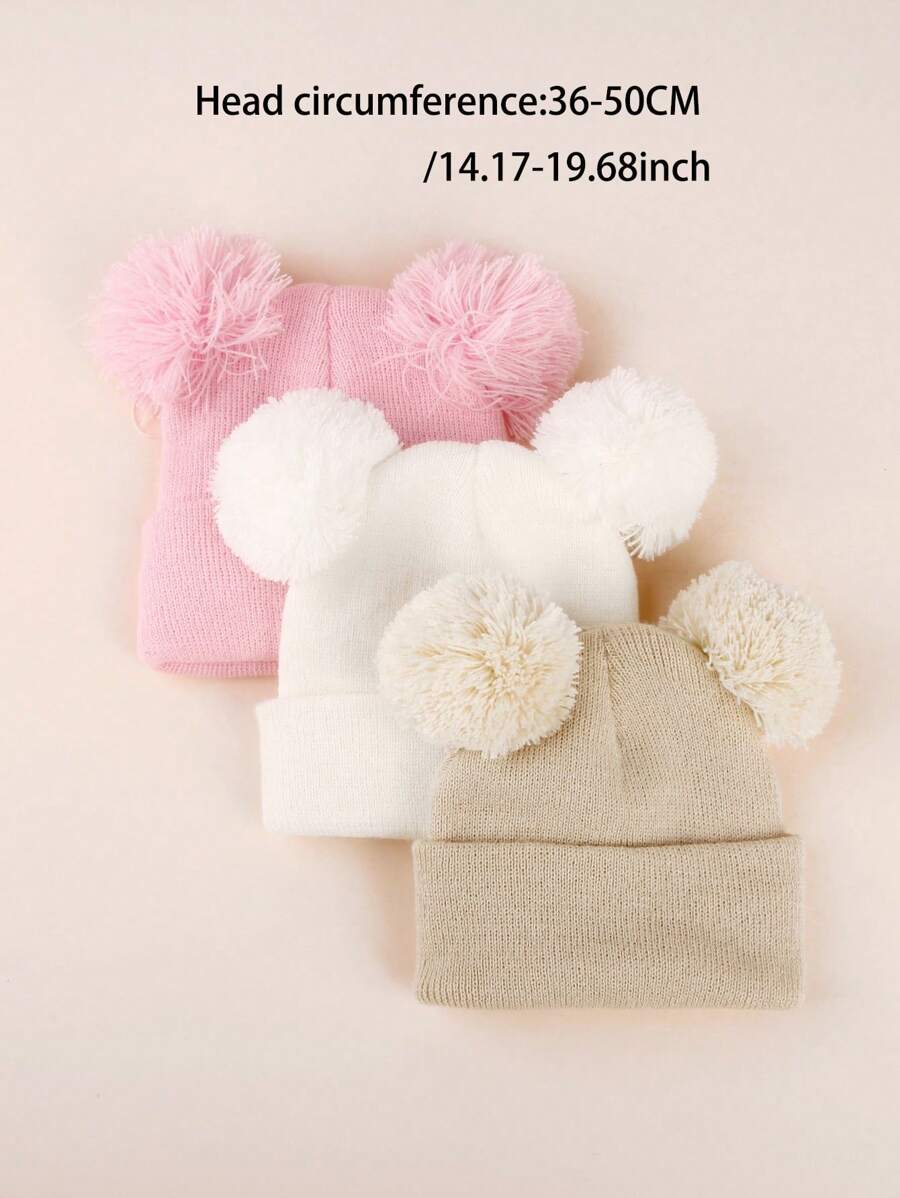 3pcs Infant Toddler Kids Knitted Double Pom-Pom Ear Ion Beanies, Thin