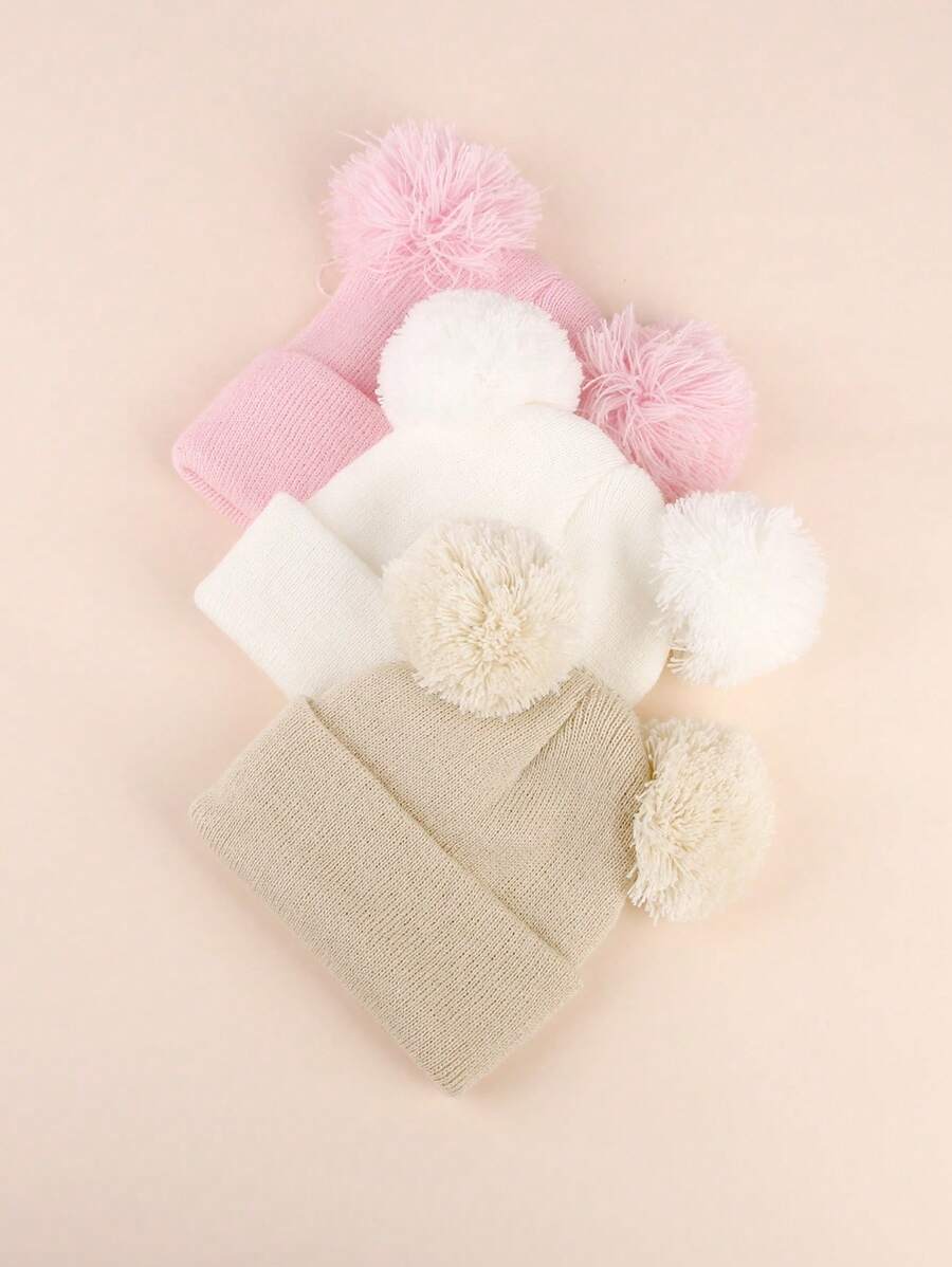 3pcs Infant Toddler Kids Knitted Double Pom-Pom Ear Ion Beanies, Thin