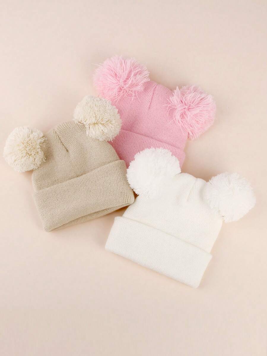 3pcs Infant Toddler Kids Knitted Double Pom-Pom Ear Ion Beanies, Thin