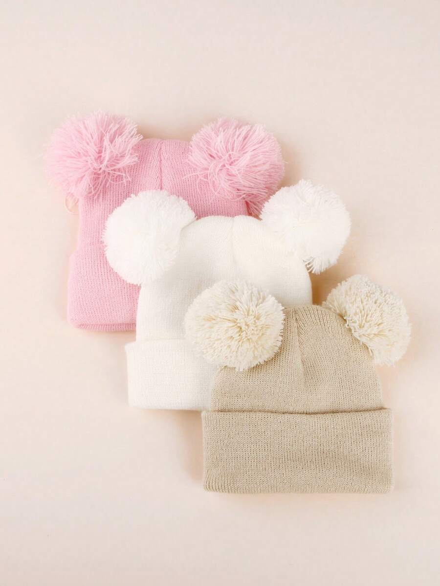 3pcs Infant Toddler Kids Knitted Double Pom-Pom Ear Ion Beanies, Thin